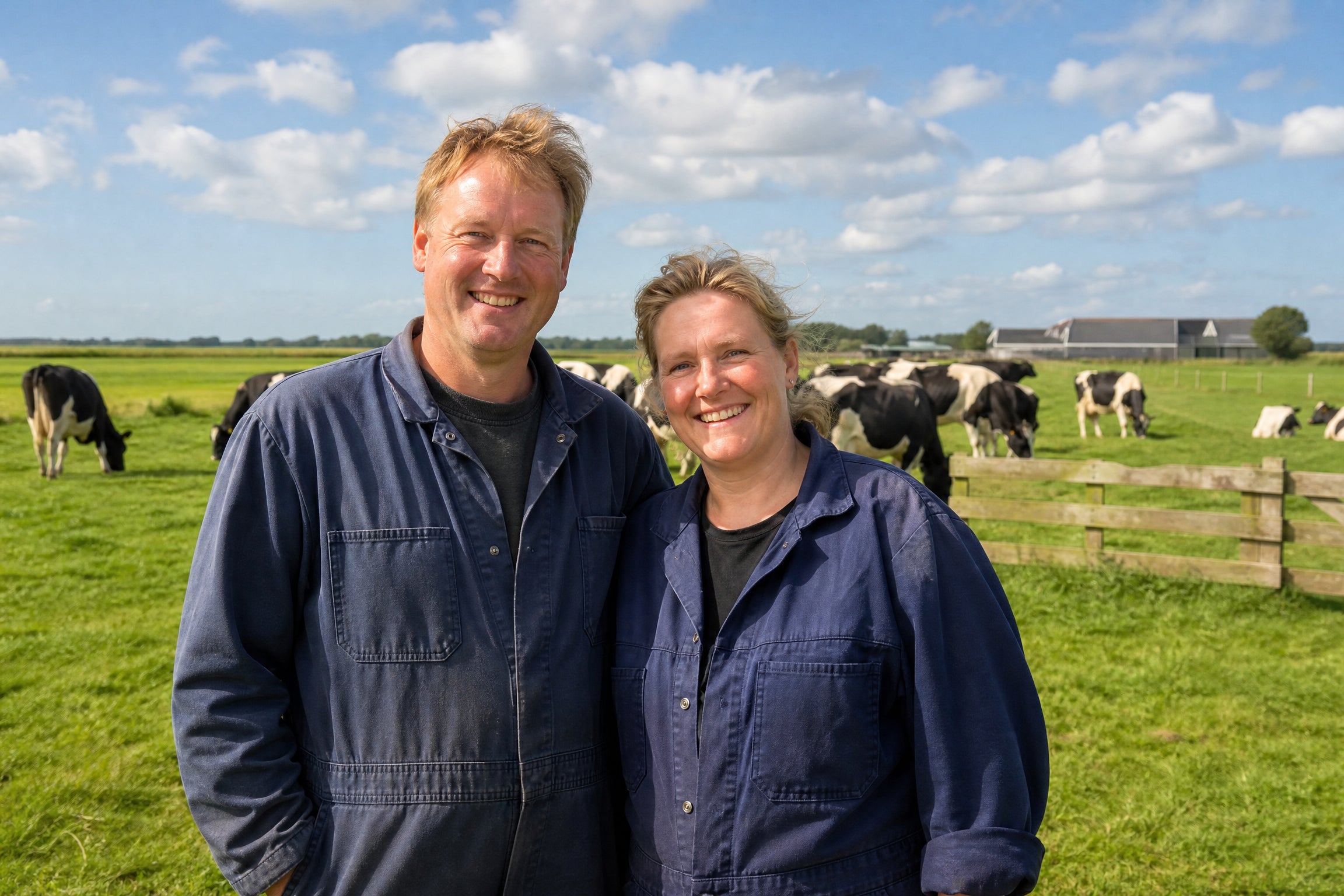 Melkveehouders met koeien in een groene wei